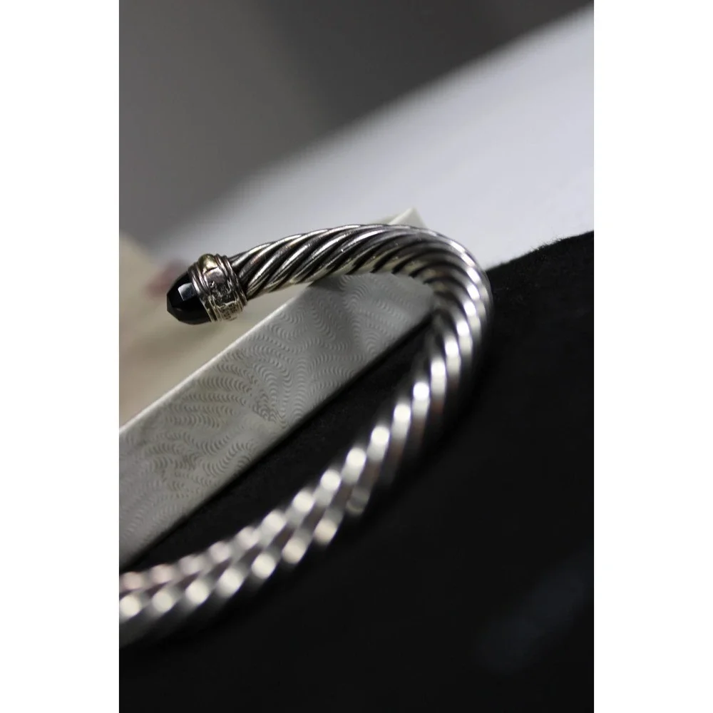 David Yurman 5mm Cable Sterling Silver Black Onyx and 14K Yellow Gold Bracelet M